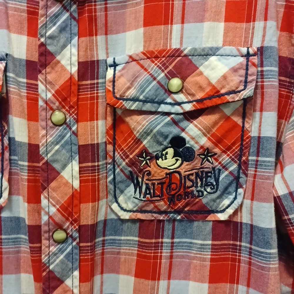 Disney Parks Mens S Graphic Shirt Red Plaid Pearl Snaps Mackey mouse emb… - Picture 2 of 6